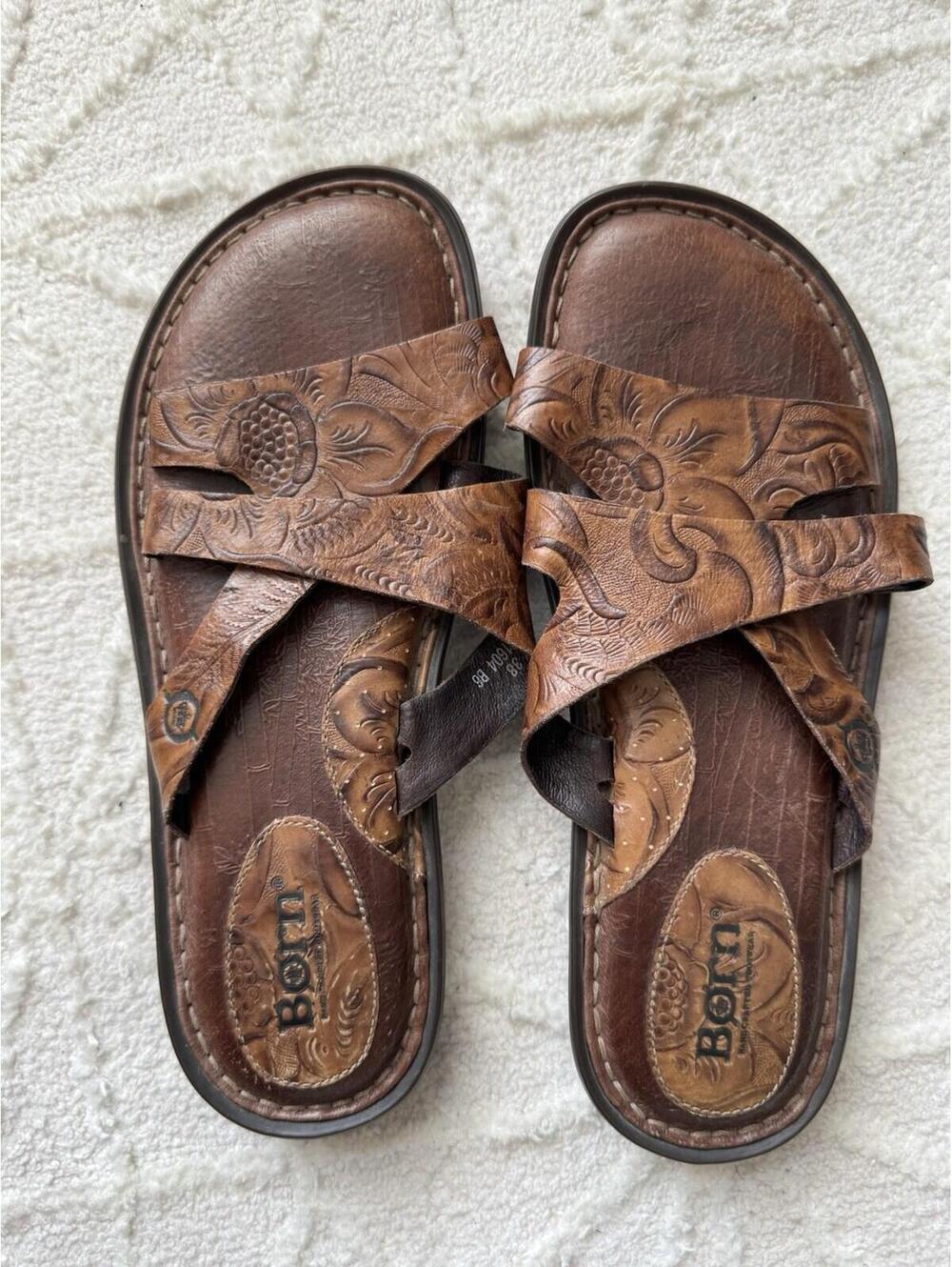 Born Sandals Womens 7 Leather Tooled Cross Strap Comfort Brown Boho - Picture 6 of 7